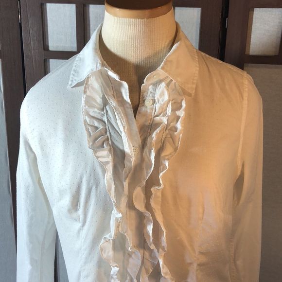 American Eagle White dotted Swiss cotton long sleeve ruffled shirt/Size 10 - Picture 2 of 16